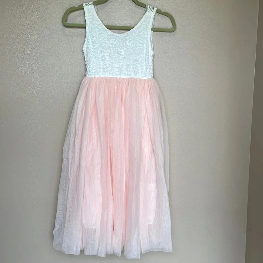 2Bunnies Girl Peony Lace Back A-Line Straight Tutu Tulle Party Flower Girl Dress